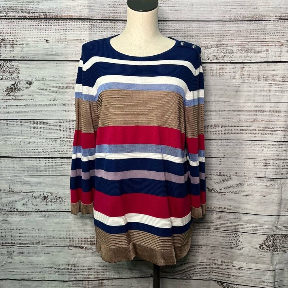 Chicos XL Striped Button Shoulder Pullover Sweater Ribbed Stripes 3/4 Sleeves